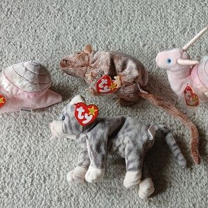 Lot Of 5 Vintage 90s Ty Beanie Babys Plush Set With Tags -Mouse Snail Cat